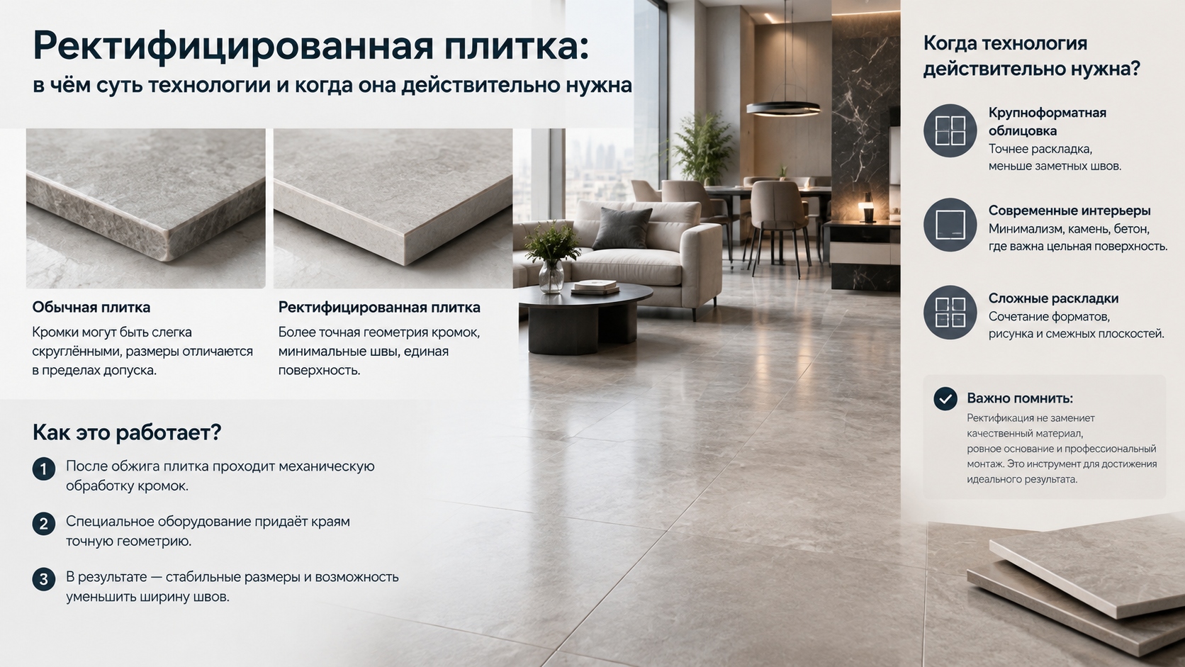 Ректифицированная плитка: особенности технологии, преимущества и сферы применения